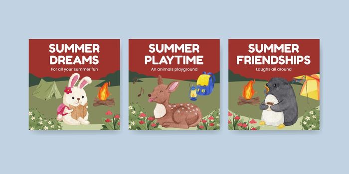Banner template with animal camping summer concept,watercolor style