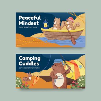 Tweet template with animal camping summer concept,watercolor style