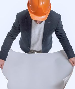 top view. architect engineer in orange helmet