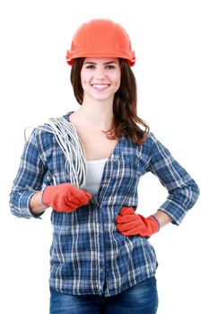 Builder woman holds an electric wire