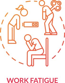 Work fatigue red concept icon. Procrastination from stress. Unhappy worker. Chronic exhaustion. Depressed person. Burnout symptom idea thin line illustration. Vector isolated outline RGB color drawing