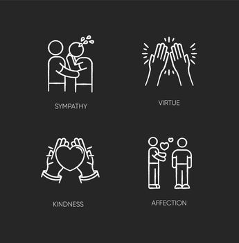 Social connection chalk white icons set on black background. Interpersonal relationship, friendship. Sympathy, virtue, kindness and affection. Isolated vector chalkboard illustrations