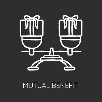 Mutual benefit chalk white icon on black background. Equality in relationship. Equal friendship, interpersonal relations. Scale with presents in balance isolated vector chalkboard illustration