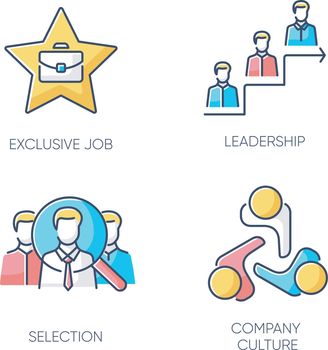Business employment RGB color icons set. Exclusive job, leadership, selection and company culture. Executive search, professional employees recruitment. Isolated vector illustrations