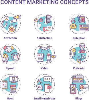 Content marketing concept icons set. Internet advertising, online customer attraction strategies idea thin line RGB color illustrations. Vector isolated outline drawings. Editable stroke