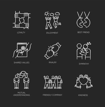Friendship chalk white icons set on black background. Emotional affection, interpersonal bond, social relationship. Togetherness and support. Isolated vector chalkboard illustrations