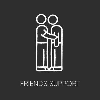 Friends support chalk white icon on black background. Friendly help, assistance. Friendship, compassion and solidarity. Interpersonal relationship. Isolated vector chalkboard illustration