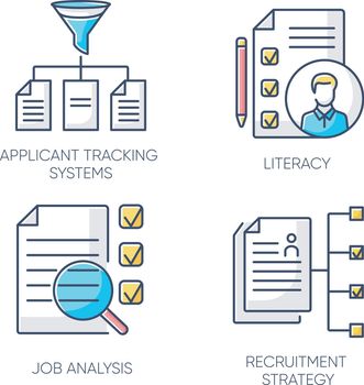 Professional employment RGB color icons set. Applicant tracking system, literacy, job analysis and recruitment strategy. Headhunting company, executive search. Isolated vector illustrations