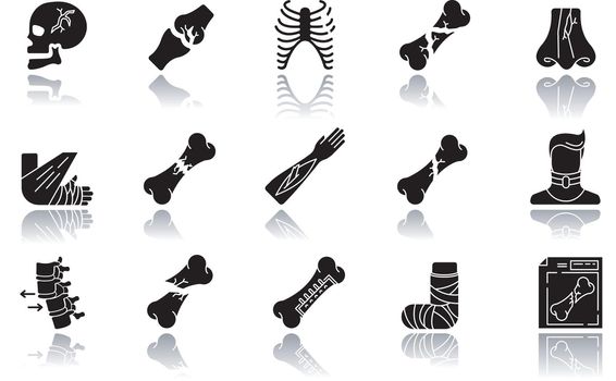 Body injuries drop shadow black glyph icons set. Broken arm, foot. Bone fractures. Neck and skull injury. Hurt limbs. Rib cage break. Rib cage break. Isolated vector illustrations on white space