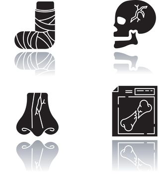 Limb and body injuries drop shadow black glyph icons set. Broken foot. Cranial bone, nose break. Hurt skull. Nasal fracture. X-ray, MRI scan. Healthcare. Isolated vector illustrations on white space