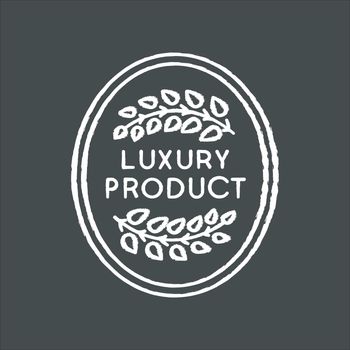 Luxury product chalk white icon on black background. Top quality goods, premium status assurance, brand equity. Elegant emblem with laurel branches isolated vector chalkboard illustration