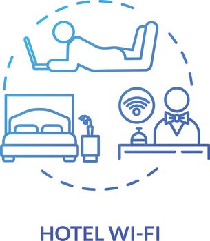 Hotel wi-fi blue concept icon. Get apartment signal with laptop. Free network coverage. Wireless internet. Roaming idea thin line illustration. Vector isolated outline RGB color drawing
