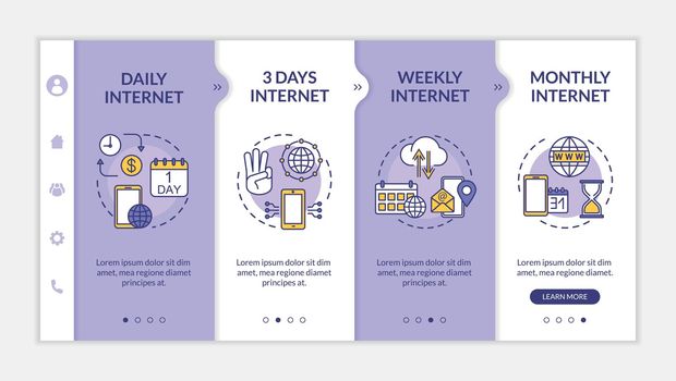 Internet tariffs terms onboarding vector template. Daily, weekly and monthly prepaid Internet. Responsive mobile website with icons. Webpage walkthrough step screens. RGB color concept