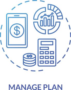 Manage plan blue concept icon. Internet tariff cost. Check expense. Calculate payment online. Mobile banking. Roaming idea thin line illustration. Vector isolated outline RGB color drawing