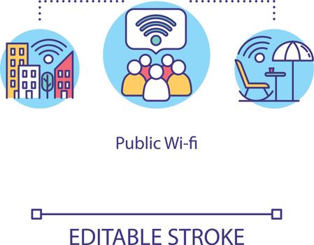 Public Wi-fi concept icon. Free Internet access, network coverage. Telecommunication unpaid service idea thin line illustration. Vector isolated outline RGB color drawing. Editable stroke