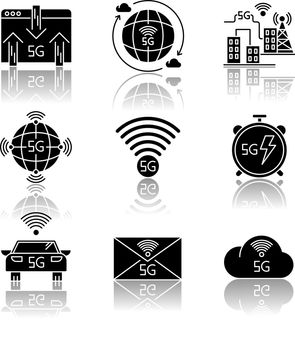 5G wireless technology drop shadow black glyph icons set. Car control, data exchange. Smart city. Fast Internet connection. Mobile cellular network. Isolated vector illustrations on white space