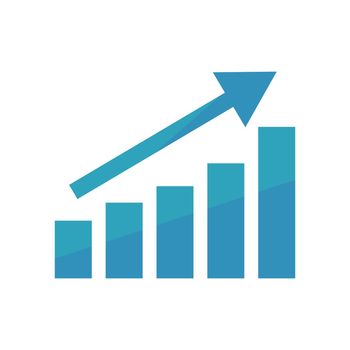 Blue bar graph and rising arrow. Rising business performance and stock prices. Vectors.