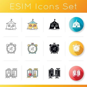 Travelling facilities icons set. Camping site. Marquee tent. Living accommodation. Neighborhood. Dormitory neighbors. Quiet hours. Linear, black and RGB color styles. Isolated vector illustrations