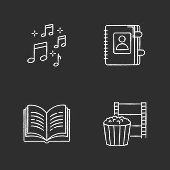 Recreation chalk white icons set on black background. Musical notation. Sound notes. Personal diary. Movie night. Hobbies for relaxation. Leisure activities. Isolated vector chalkboard illustrationss