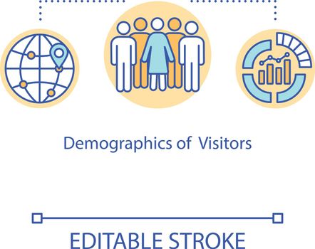Visitors demographics concept icon. Audience parameters statistics idea thin line illustration. Company clients database analysis. Vector isolated outline RGB color drawing. Editable stroke