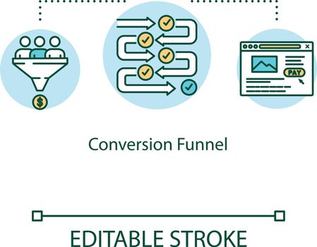 Conversion funnel concept icon. Increasing ecommerce sales tips idea thin line illustration. Modern digital marketing techniques. Vector isolated outline RGB color drawing. Editable stroke