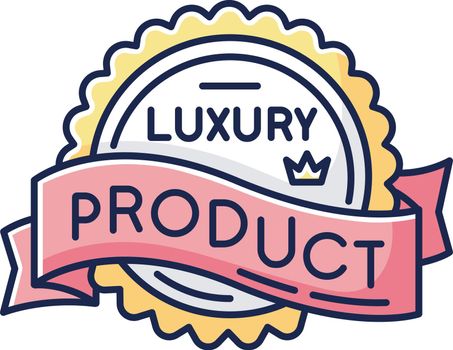 Luxury product RGB color icon. Brand equity, superior status. Expensive premium quality goods badge with crown and banner ribbon isolated vector illustration