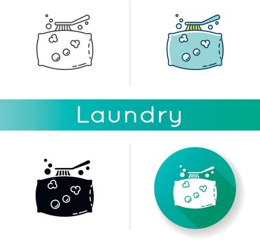Pillow cleaning icon. Laundry, linen cleaning service, dust and stain removal. Cushion washing, bedding care brush, professional tool. Linear black and RGB color styles. Isolated vector illustrations