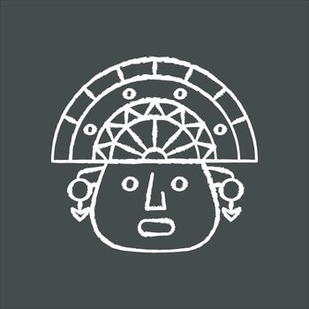 The Incas chalk white icon on black background. Man face in traditional inca headdress. Aztec ceremonial mask. Ancient south american idol head. Peruvian culture. Isolated vector illustration