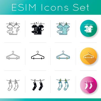 Laundry and clothes drying service icons set. Hanger and clothesline, clean socks and t-shirt, washed garment outdoor drying. Linear, black and RGB color styles. Isolated vector illustrations