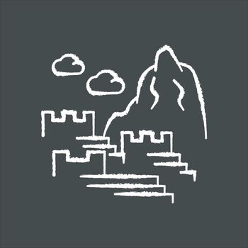 Machu picchu chalk white icon on black background. Inca citadel in mountains. Tourist attractions Cusco. Sacred Valley in Cordillera. Monument of civilization of Indians. Isolated vector illustration