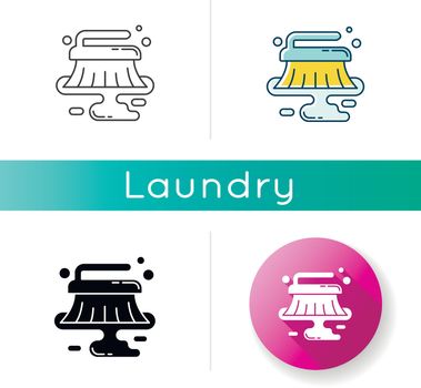 Wet cleaning icon. Professional cleanup service, housekeeping, chores. Dirty floor cleaning, hygiene, dust and stain removal. Linear black and RGB color styles. Isolated vector illustrations