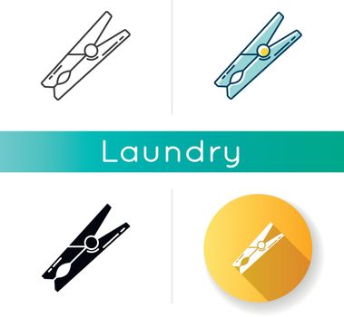 Clothes pin icon. Wooden clothespin, household clothing clamp, clean garment drying tool. Domestic washing attribute, laundry item. Linear black and RGB color styles. Isolated vector illustrations