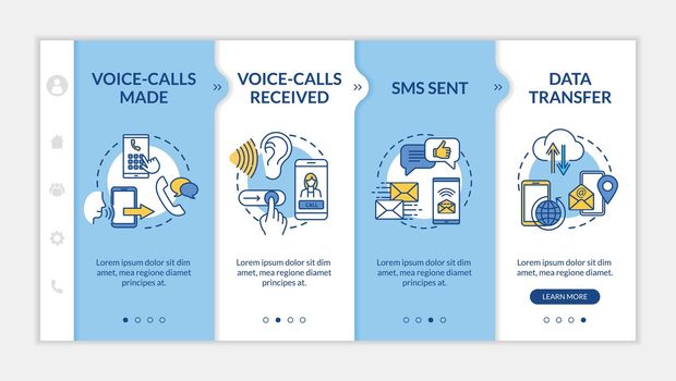 Voice-calls and messages onboarding vector template. Communication, sms and data transfer. Responsive mobile website with icons. Webpage walkthrough step screens. RGB color concept