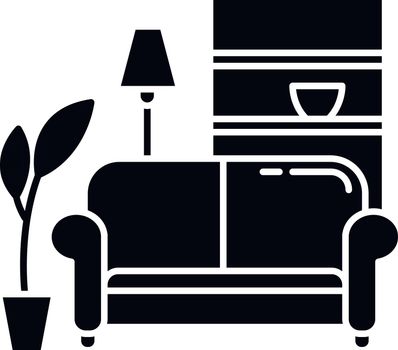 Apartment interior black glyph icon. Living room furniture. Cosy home. Couch. Place for rest and relaxation. Common dormitory space. Silhouette symbol on white space. Vector isolated illustration