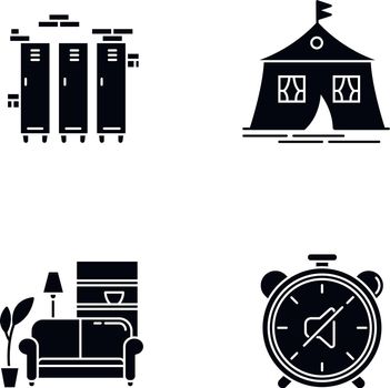 Dormitory conditions black glyph icons set on white space. Lockers. Gym, swimming pool storage closets. Marquee tent. Dorm quiet hours. Living room. Silhouette symbols. Vector isolated illustration