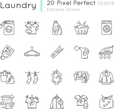 Laundry types and equipment pixel perfect linear icons set. Laundromat, wet and dry cleaning. Customizable thin line contour symbols. Isolated vector outline illustrations. Editable stroke