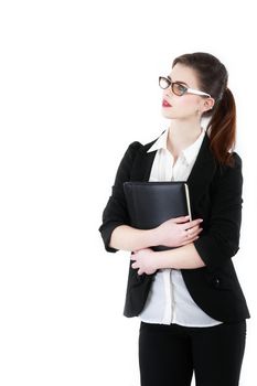 Half-length portrait of business lady with folder wearing black