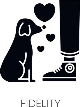 Fidelity black glyph icon. Best friend, friendship with pet. Domestic animal love and loyalty, emotional attachment silhouette symbol on white space. Little puppy vector isolated illustration