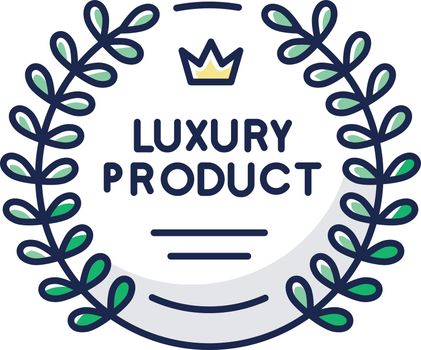Luxury product RGB color icon. Brand equity, prestigious company status. Premium product emblem with laurel wreath and crown isolated vector illustration