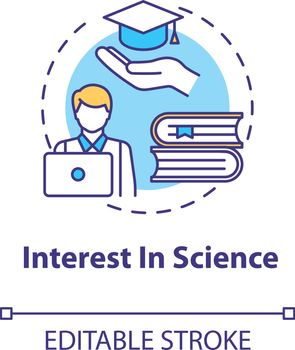 Interest in science concept icon. Student curiosity in studying. Academic education. Scientific literacy idea thin line illustration. Vector isolated outline RGB color drawing. Editable stroke