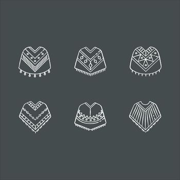 Poncho chalk white icons set on black background. Mexican, Peruvian, Brazilian wear. Hispanic ethnic clothes. Traditional costume. Simple indian outerwear. Isolated vector chalkboard illustrations