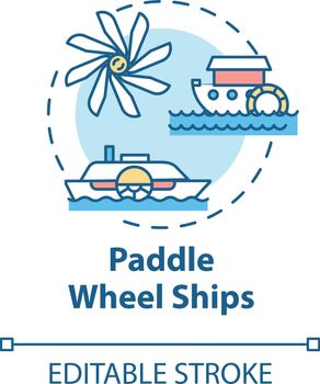 Paddle wheel ship concept icon. Vintage steamship. Retro river boat. Steamer ship. Water vessel. Steamboat idea thin line illustration. Vector isolated outline RGB color drawing. Editable stroke