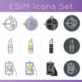 Clubbing icons set. Linear, black and RGB color styles. Night club leisure activities, smoking and drinking alcoholic cocktails. Ashtray, hot shot and selfie isolated vector illustrations