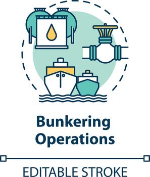 Bunkering operation concept icon. Supplying ship with fuel. Providing petroleum to boat. Vessel maintenance idea thin line illustration. Vector isolated outline RGB color drawing. Editable stroke