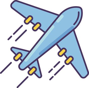 Airplane blue RGB color icon. Flight with airlines. Take airliner to destination. Trip abroad. International journey with plane. Voyage transportation. Tourism, traveling. Isolated vector illustration