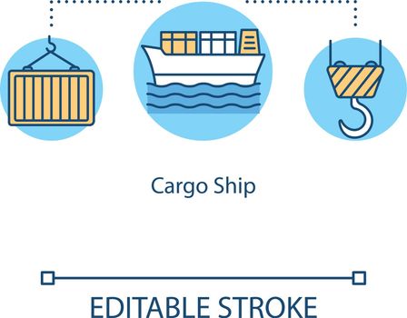 Cargo ship concept icon. Loading container on ship. Storage for goods on boat. Water vessel logistic idea thin line illustration. Vector isolated outline RGB color drawing. Editable stroke