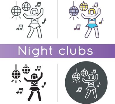 Go go dancer icon. Linear black and RGB color styles. Trendy night club recreation, rave party. Entertainment venue performer. Young clubber dancing on nightclub stage isolated vector illustrations