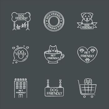 Pet friendly emblems chalk white icons set on black background. Four-legged friends allowed territories, kitty and doggy permitted, welcome public places. Isolated vector chalkboard illustrations