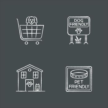 Pet friendly areas chalk white icons set on black background. Four-legged friends welcome shops and houses. Domestic animals allowed parks and supermarkets. Isolated vector chalkboard illustrations