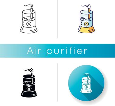 Air cleaning device icon. Domestic humidifier, ionizer, acclimatization and water evaporation system, breath care machine. Linear black and RGB color styles. Isolated vector illustrations